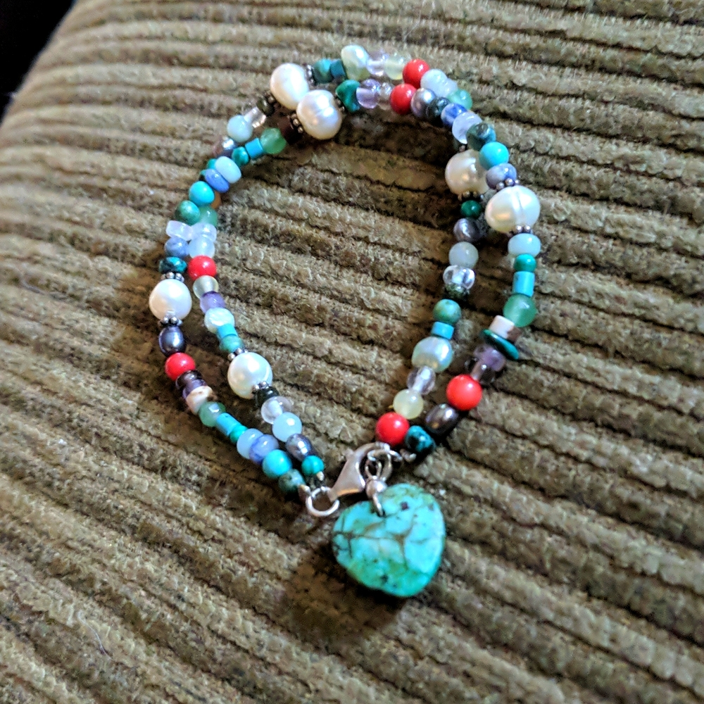 925 bracelet, semi precious stone and pearl beads